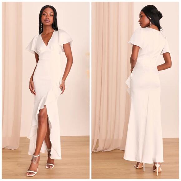 Lulu’s Eternal Bond White Satin Ruffled Flutter Sleeve‎ Maxi Dress Size Large - Picture 1 of 5